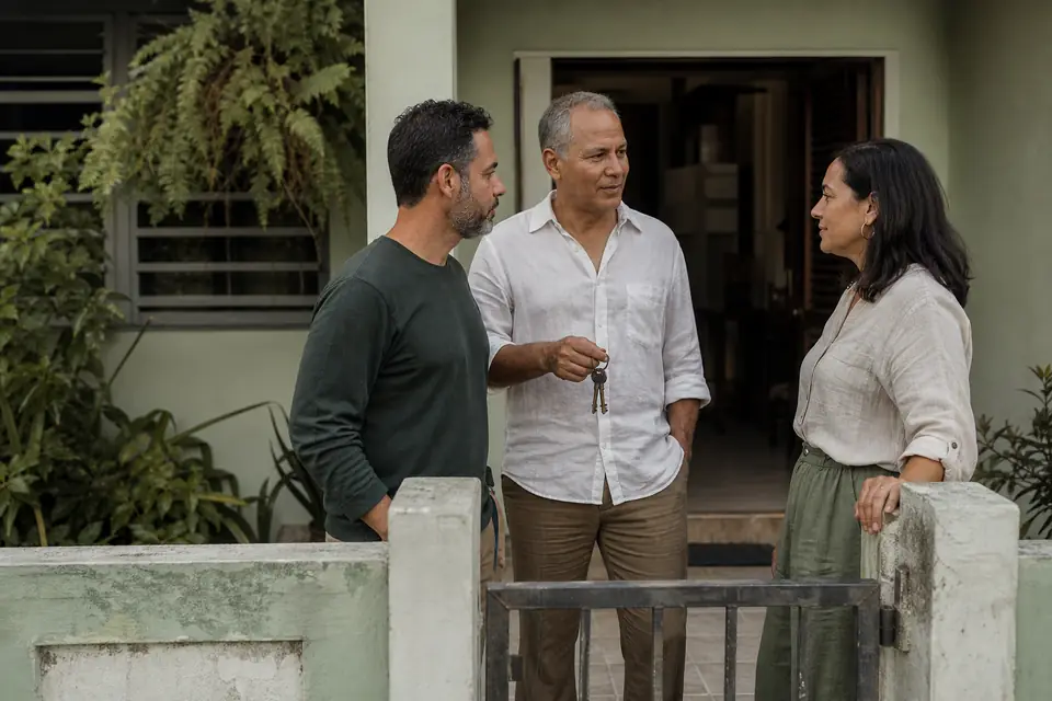 Tres hermanos adultos conversan frente a la casa familiar en Caguas con unas llaves viejas